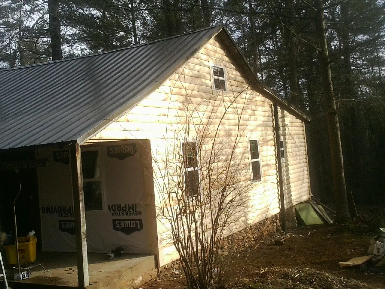 Log siding gable end under a dark metal roof edge in Anita