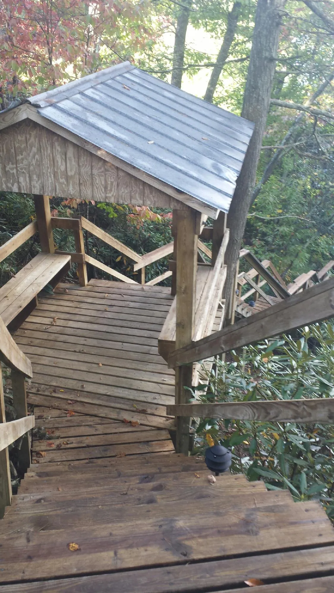 Metal roofed shelter over wooden steps on a wooded walkway — Skylight Repair & Installation work by our crew in Anita